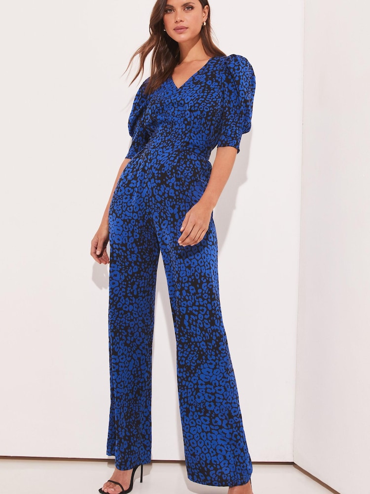 Lipsy Blue Animal Petite Puff Sleeve V Neck Wide Leg Jumpsuit - Image 1 of 4 Lipsy Blue Animal Petite Puff Sleeve V Neck Wide Leg Jumpsuit - Image 1 of 4