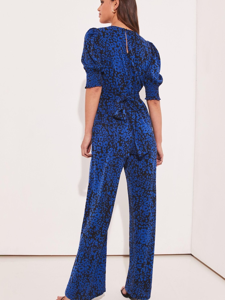 Lipsy Blue Animal Petite Puff Sleeve V Neck Wide Leg Jumpsuit - Image 2 of 4 Lipsy Blue Animal Petite Puff Sleeve V Neck Wide Leg Jumpsuit - Image 2 of 4
