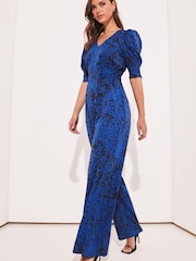 Lipsy Blue Animal Petite Puff Sleeve V Neck Wide Leg Jumpsuit - Image 3 of 4