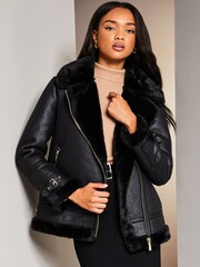 Lipsy Black Faux Fur Lined Aviator Jacket - Image 1 of 4