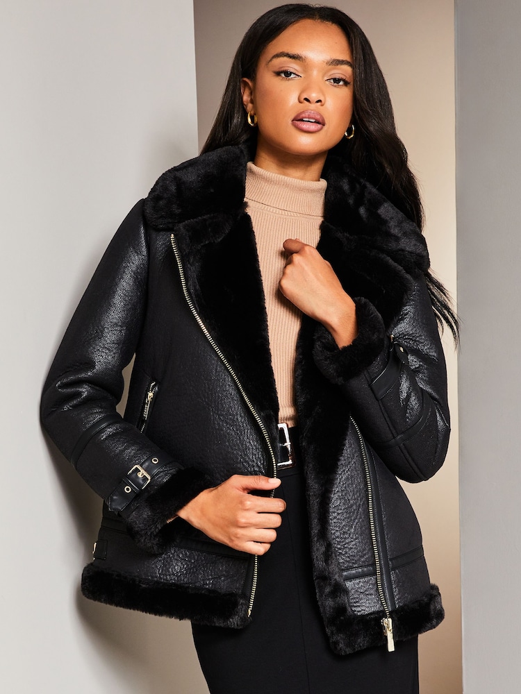 Lipsy Black Faux Fur Lined Aviator Jacket - Image 1 of 4