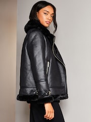 Lipsy Black Faux Fur Lined Aviator Jacket - Image 2 of 4