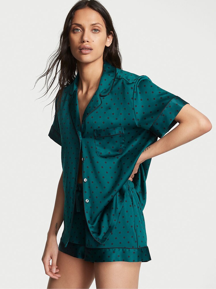 Victoria's Secret Black Ivy Green Dot Satin Short Pyjamas - Image 1 of 1 Victoria's Secret Black Ivy Green Dot Satin Short Pyjamas - Image 1 of 1