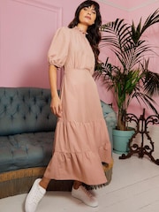 Little Mistress Pink Coral Rose Gingham Tiered Midi Dress - Image 1 of 4