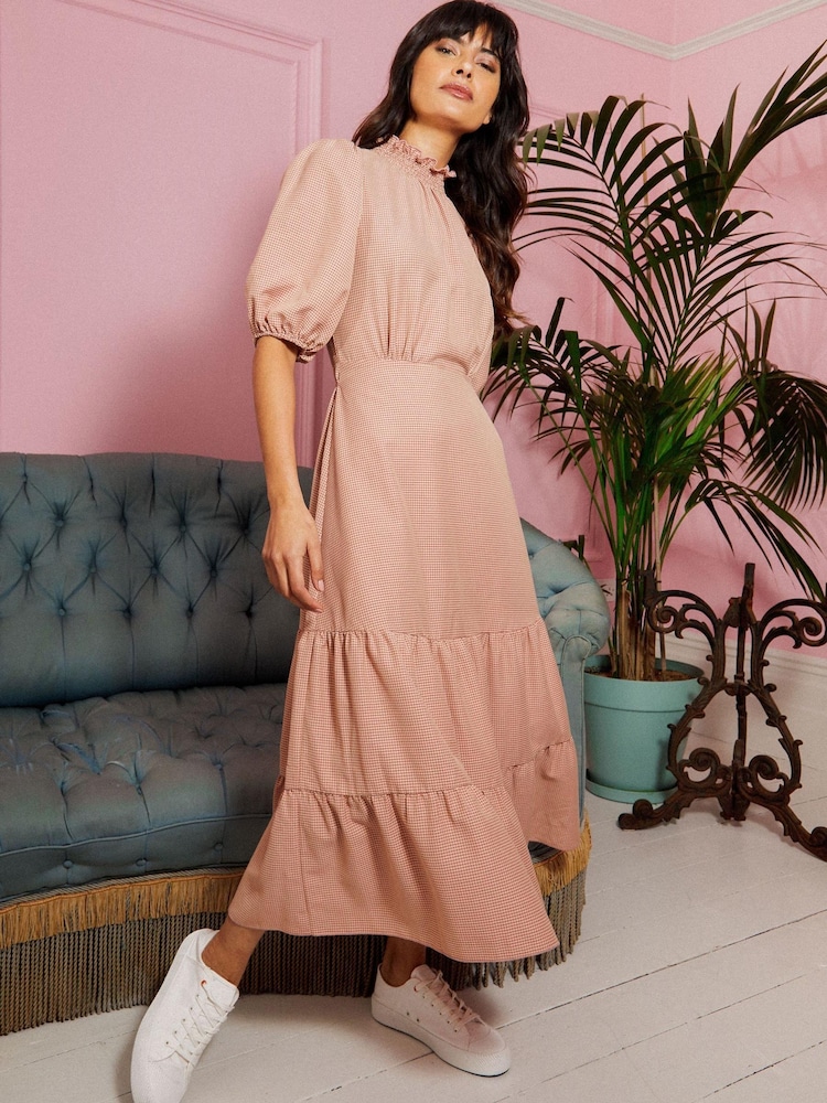 Little Mistress Pink Coral Rose Gingham Tiered Midi Dress - Image 1 of 4