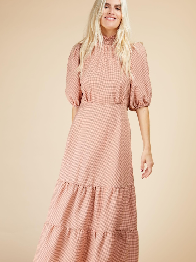 Little Mistress Pink Coral Rose Gingham Tiered Midi Dress - Image 2 of 4
