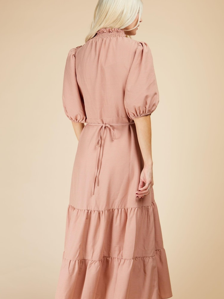 Little Mistress Pink Coral Rose Gingham Tiered Midi Dress - Image 4 of 4