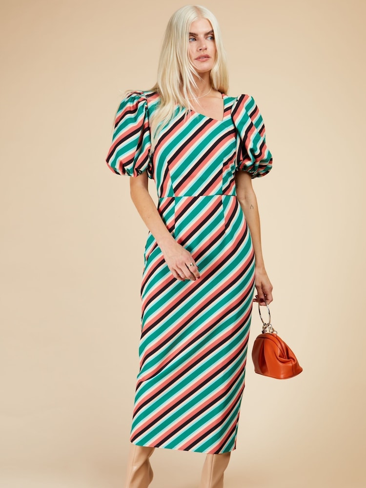 Little Mistress Green Multi Stripe Asymmetric Neck Midi Bodycon Dress - Image 1 of 1