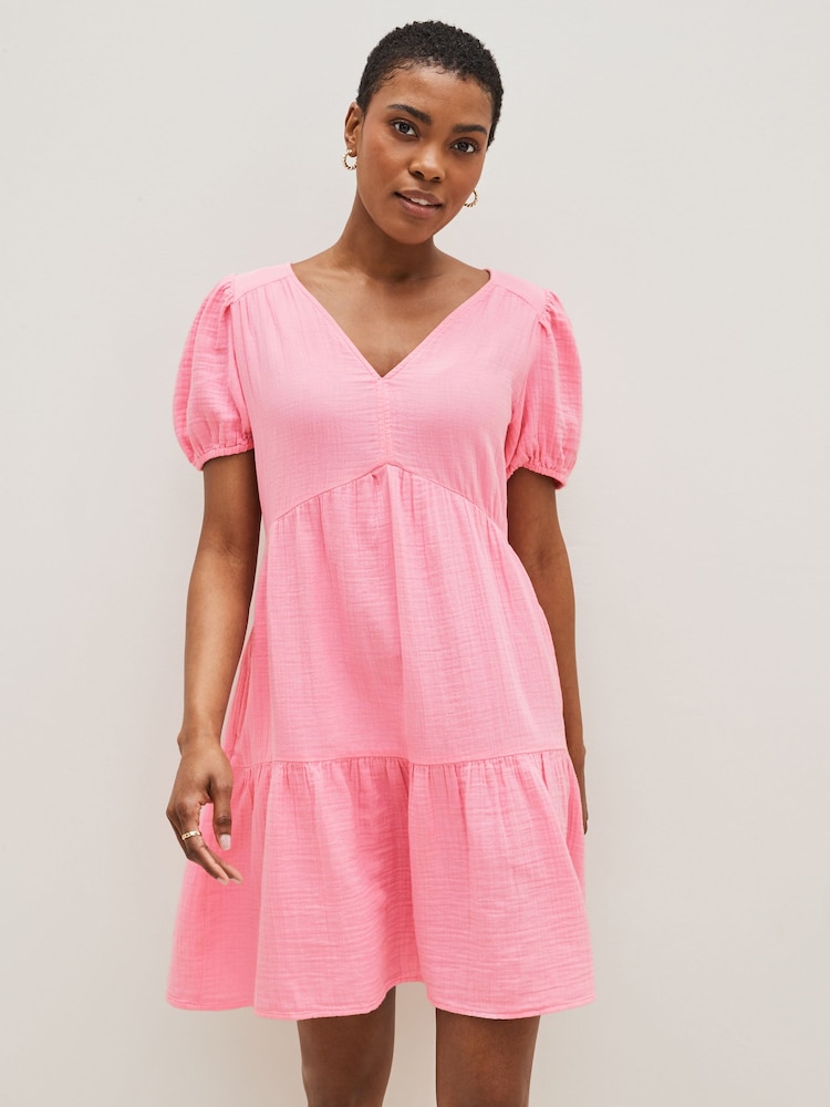 Gap Pink Crinkle Gauze Puff Sleeve Tiered Mini Dress - Image 1 of 4 Gap Pink Crinkle Gauze Puff Sleeve Tiered Mini Dress - Image 1 of 4