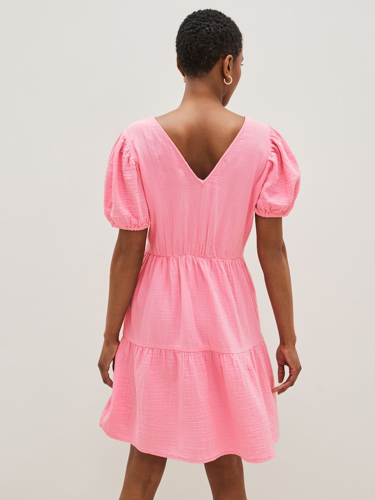 Gap Pink Crinkle Gauze Puff Sleeve Tiered Mini Dress - Image 2 of 4 Gap Pink Crinkle Gauze Puff Sleeve Tiered Mini Dress - Image 2 of 4