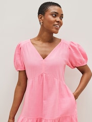Gap Pink Crinkle Gauze Puff Sleeve Tiered Mini Dress - Image 3 of 4