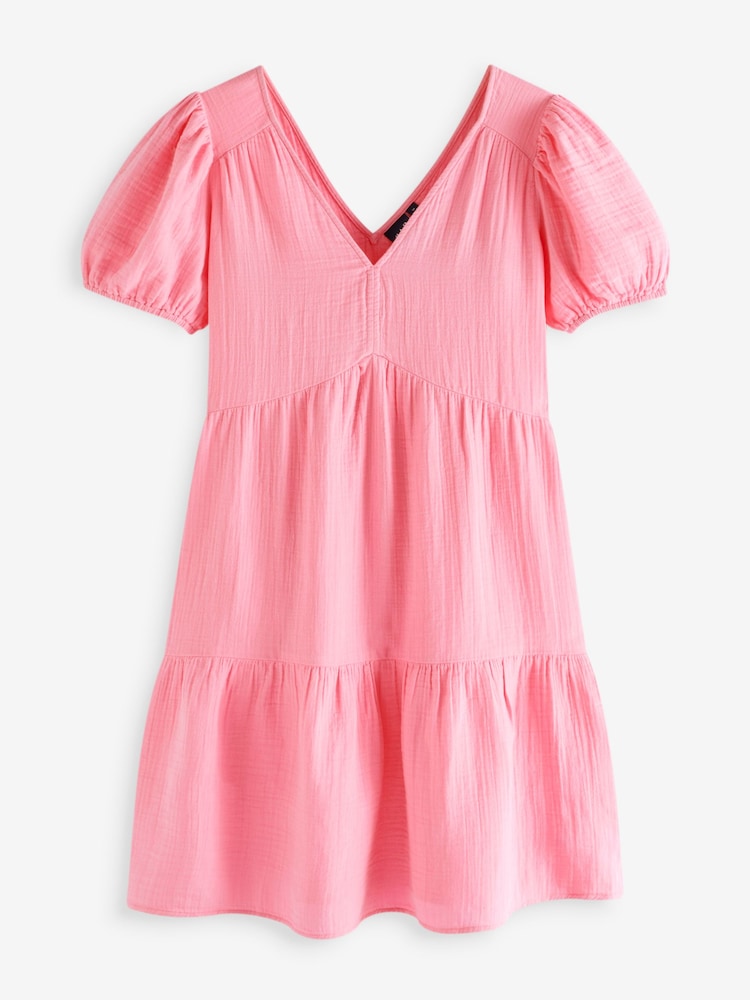 Gap Pink Crinkle Gauze Puff Sleeve Tiered Mini Dress - Image 4 of 4 Gap Pink Crinkle Gauze Puff Sleeve Tiered Mini Dress - Image 4 of 4