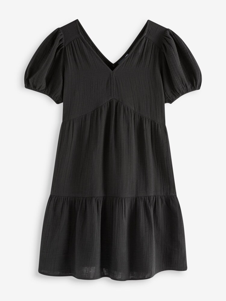 Gap Black Crinkle Gauze Puff Sleeve Tiered Mini Dress - Image 4 of 4