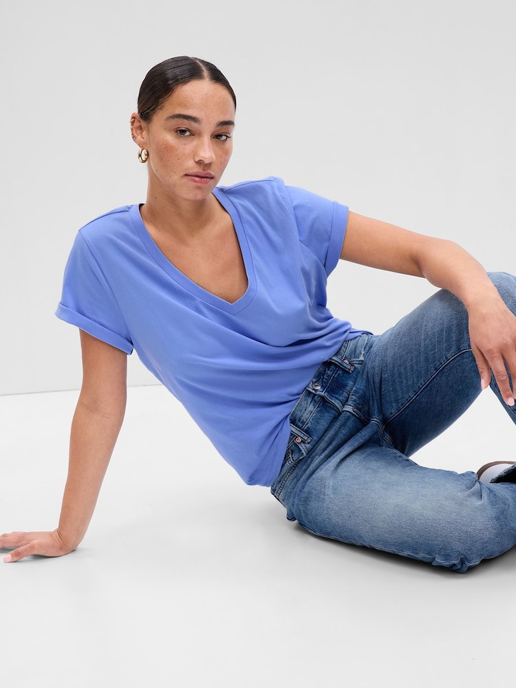 Gap Blue Organic Cotton Vintage Short Sleeve V-Neck T-Shirt - Image 1 of 5