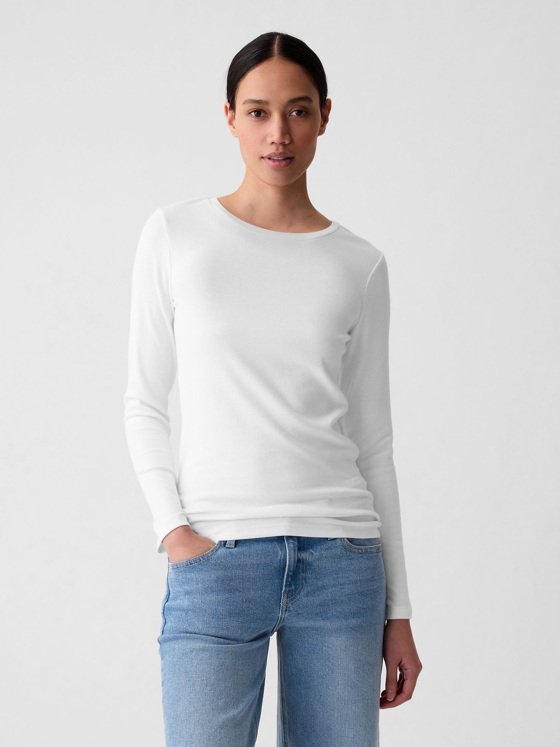 Buy Gap White Long Sleeve Modern Cotton Modal Crew Neck T Shirt from Next Luxembourg