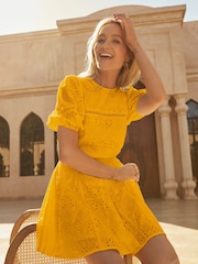 Love & Roses Yellow Broderie Puff Sleeve Belted Mini Summer Dress - Image 2 of 4