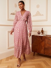 Love & Roses Pink Star Metallic V Neck Ruffle Long Sleeve Midi Summer Dress - Image 1 of 4