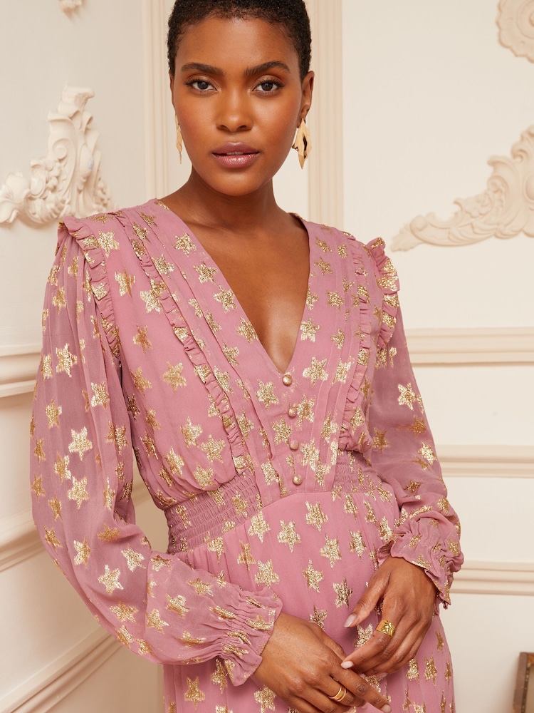 Love & Roses Pink Star Metallic V Neck Ruffle Long Sleeve Midi Summer Dress - Image 2 of 4