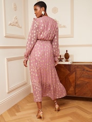 Love & Roses Pink Star Metallic V Neck Ruffle Long Sleeve Midi Summer Dress - Image 3 of 4
