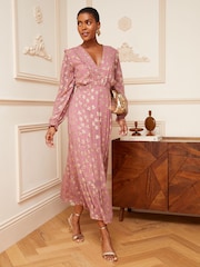 Love & Roses Pink Star Metallic V Neck Ruffle Long Sleeve Midi Summer Dress - Image 4 of 4