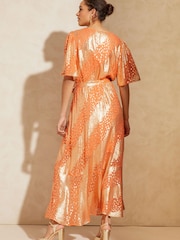 Love & Roses Orange Metallic Flutter Sleeve Wrap Tiered Midi Dress - Image 2 of 4