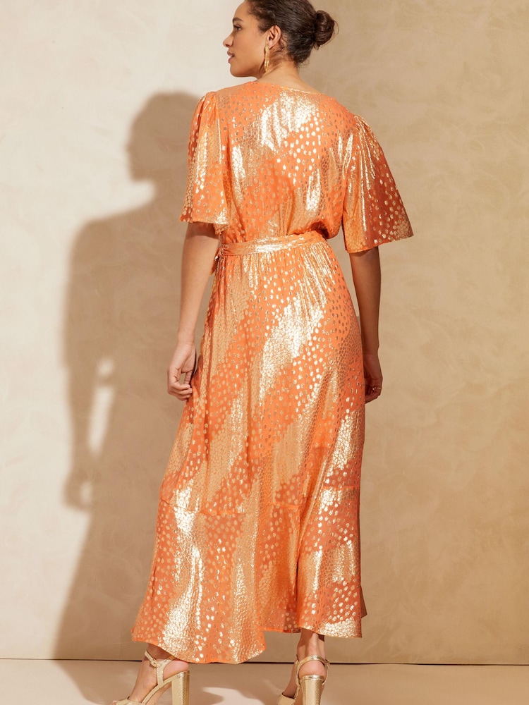 Love & Roses Orange Metallic Flutter Sleeve Wrap Tiered Midi Dress - Image 2 of 4 Love & Roses Orange Metallic Flutter Sleeve Wrap Tiered Midi Dress - Image 2 of 4