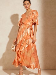 Love & Roses Orange Metallic Flutter Sleeve Wrap Tiered Midi Dress - Image 3 of 4