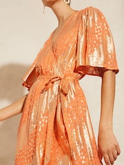 Love & Roses Orange Metallic Flutter Sleeve Wrap Tiered Midi Dress - Image 4 of 4