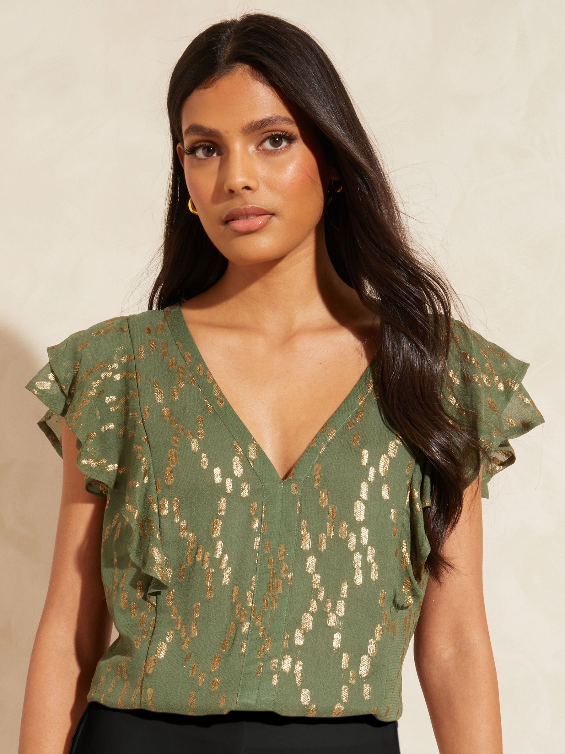 Buy Love & Roses Khaki Green Metallic V Neck Ruffle Tie Back Top from Next  Luxembourg