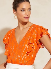 Love & Roses Orange Petite Metallic V Neck Ruffle Tie Back Top - Image 1 of 4