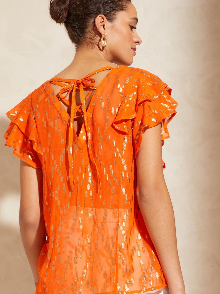 Love & Roses Orange Petite Metallic V Neck Ruffle Tie Back Top - Image 2 of 4