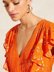 Love & Roses Orange Petite Metallic V Neck Ruffle Tie Back Top - Image 3 of 4