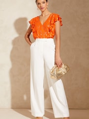 Love & Roses Orange Petite Metallic V Neck Ruffle Tie Back Top - Image 4 of 4