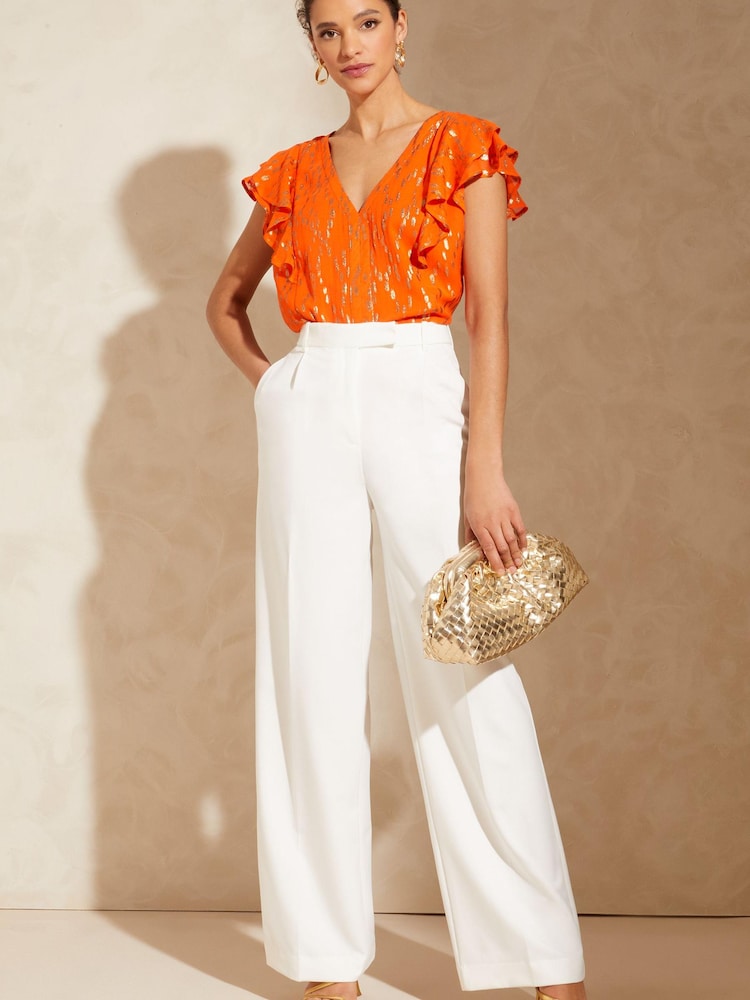 Love & Roses Orange Petite Metallic V Neck Ruffle Tie Back Top - Image 4 of 4