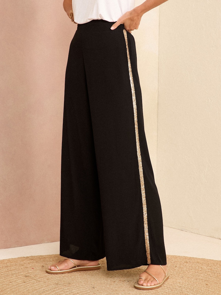 Love & Roses Black Petite Lightweight Side Trim Wide Leg Trousers - Image 1 of 4