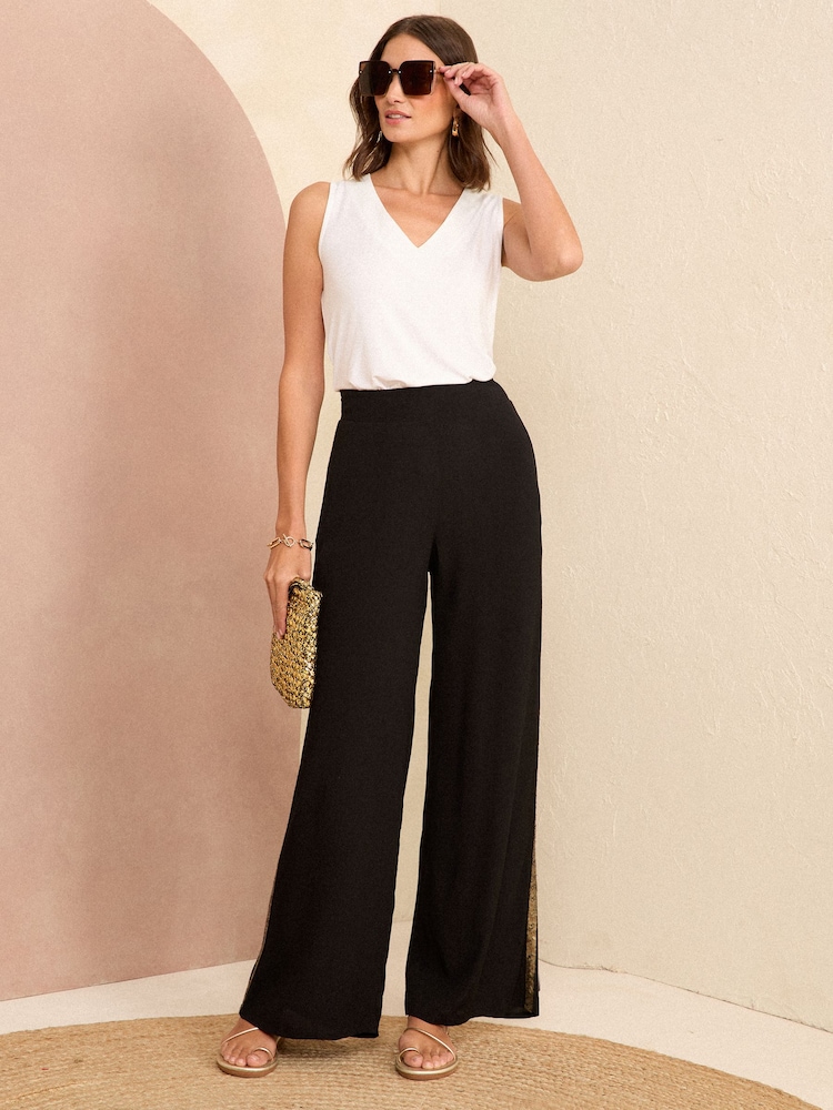 Love & Roses Black Petite Lightweight Side Trim Wide Leg Trousers - Image 4 of 4 Love & Roses Black Petite Lightweight Side Trim Wide Leg Trousers - Image 4 of 4