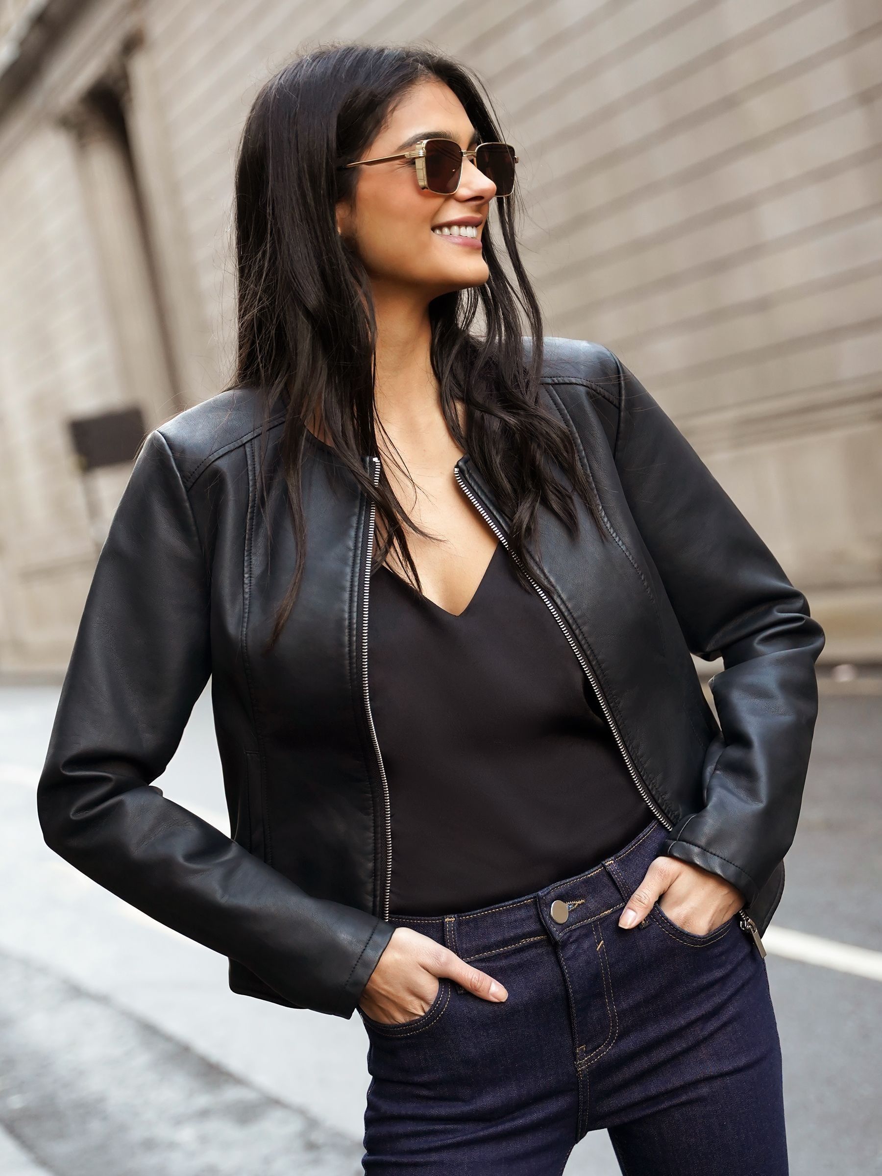 Short black faux leather jacket top