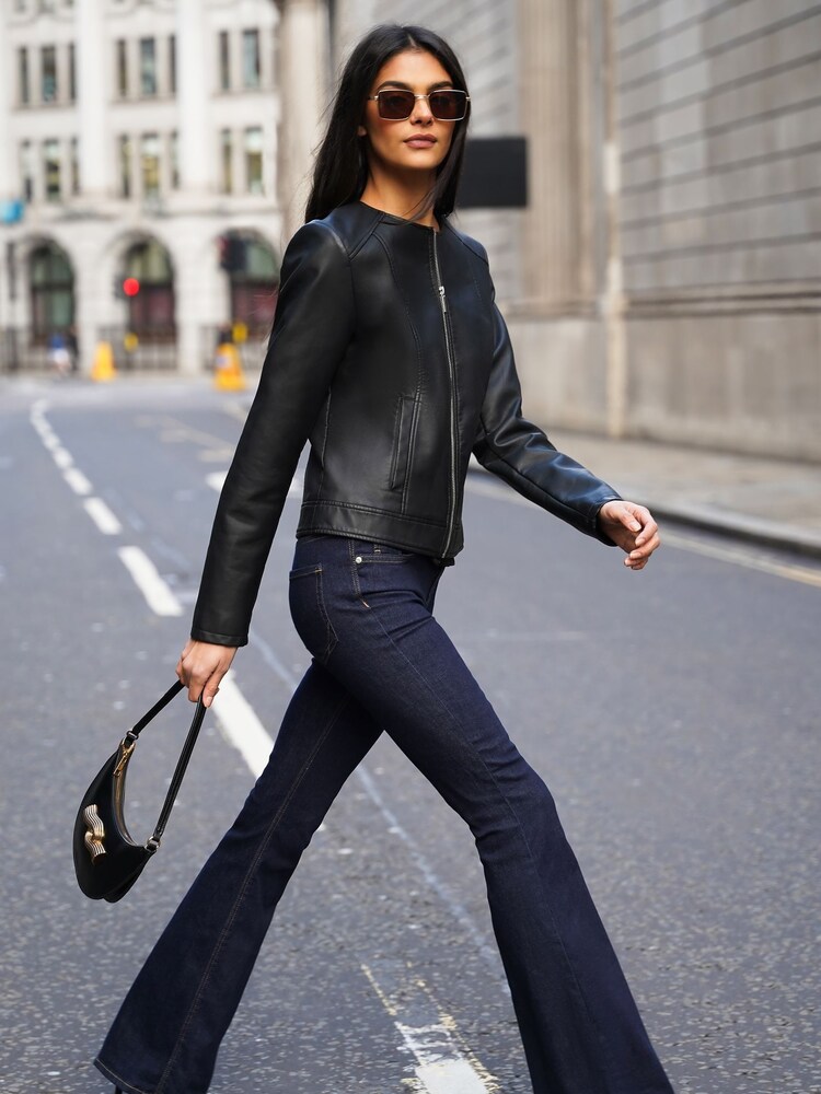 Buy Friends Like These Black Faux Leather Short Collarless Jacket 