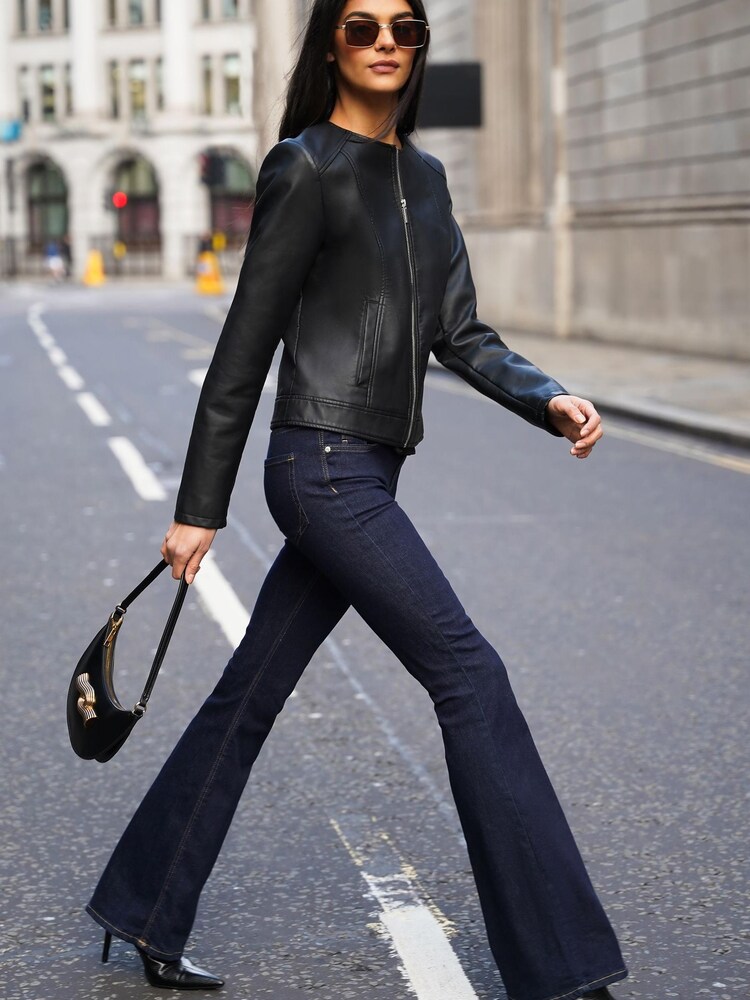 Friends Like These Black Petite Faux Leather Short Collarless Jacket - Image 2 of 4 Friends Like These Black Petite Faux Leather Short Collarless Jacket - Image 2 of 4