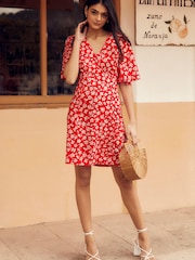Friends Like These Red Petite V Neck Flutter Sleeve Summer Mini Dress - Image 3 of 4