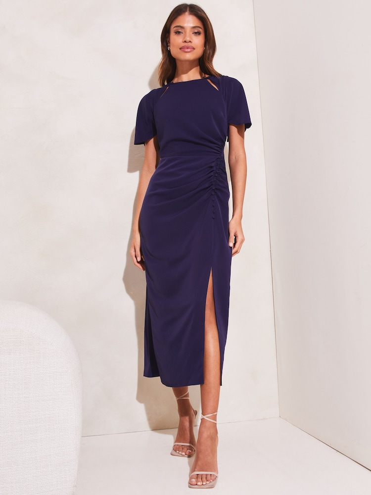 Lipsy Navy Ruched Flutter Sleeve Cut Out Bodycon Dress - Image 1 of 1
