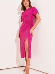 Lipsy Pink Ruched Flutter Sleeve Cut Out Bodycon Dress - Image 1 of 4