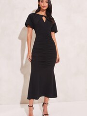Lipsy Black Ruched Front Gathered Fit and Flare Keyhole Dress - Image 1 of 4
