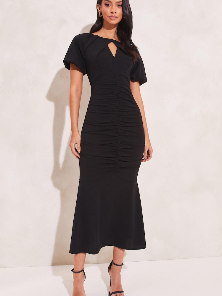 Lipsy Black Ruched Front Gathered Fit and Flare Keyhole Dress - Image 1 of 4
