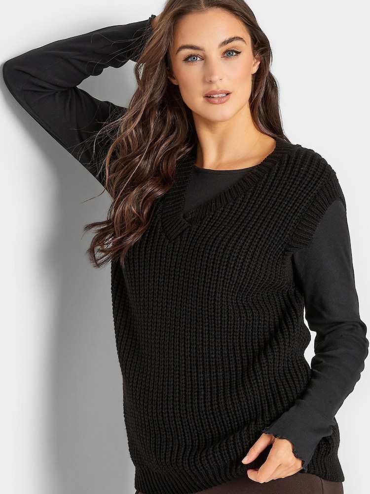 Long Tall Sally Black V-Neck Knitted Vest Jumper - Image 1 of 4 Long Tall Sally Black V-Neck Knitted Vest Jumper - Image 1 of 4