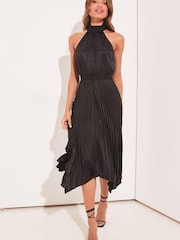 Lipsy Black Halter Pleated High Neck Midi Dress - Image 3 of 4