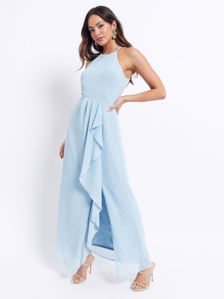 VILA Light Blue Halter Neck Ruffle Maxi Dress - Image 2 of 5