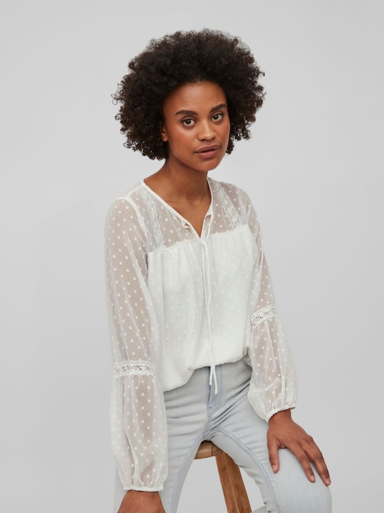VILA White Dobby and Lace Detail Blouse - Image 1 of 5