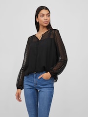 VILA Black Dobby and Lace Detail Blouse - Image 1 of 5
