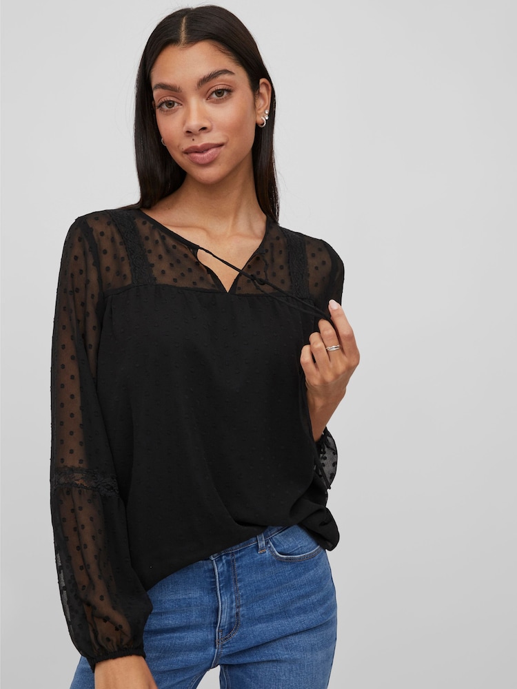 VILA Black Dobby and Lace Detail Blouse - Image 2 of 5